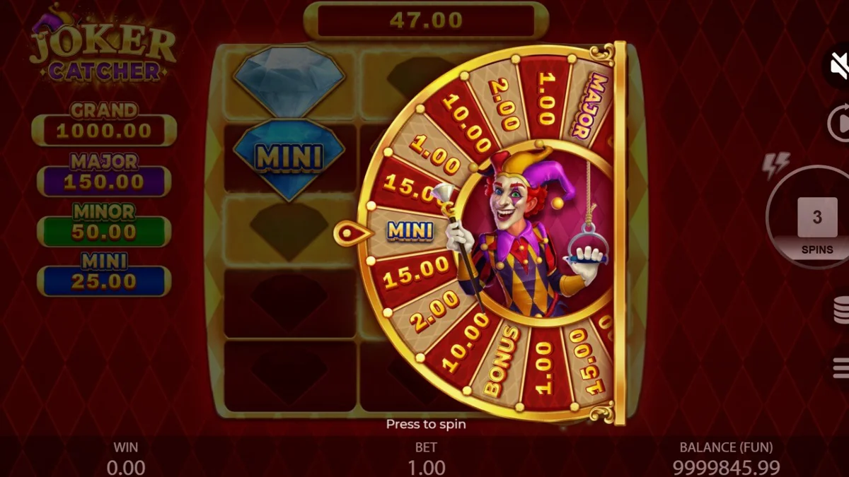 Tampilan antarmuka permainan slot Joker Catcher dengan Joker sentral dan simbol klasik.
