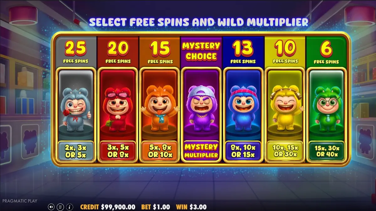 Tampilan visual slot Furry Bonanza Megaways dengan karakter beruang lucu dan latar belakang hutan mistis.
