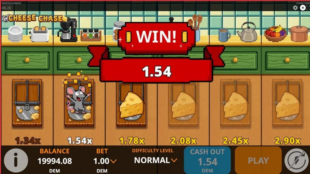 Tampilan visual retro 8-bit dari permainan slot Cheese Chase yang menampilkan tikus dan jebakan dapur.